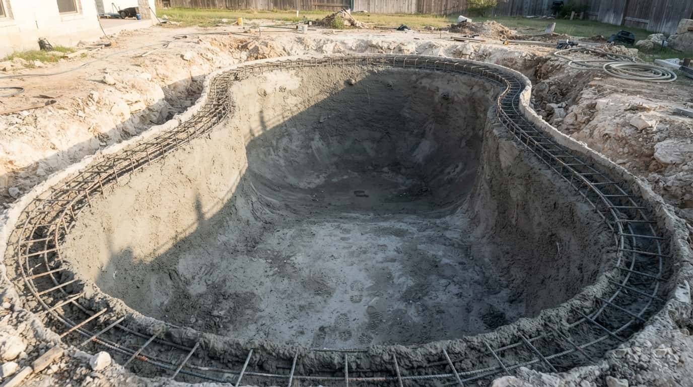 A freshly shot gunite pool shell with tied rebar visible at the top edge, in morning light.