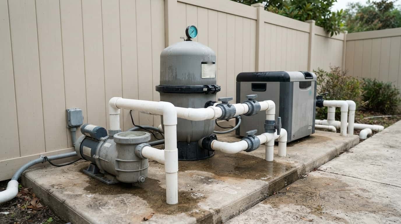 A residential pool equipment pad with a pump, filter and heater plumbed in white PVC.