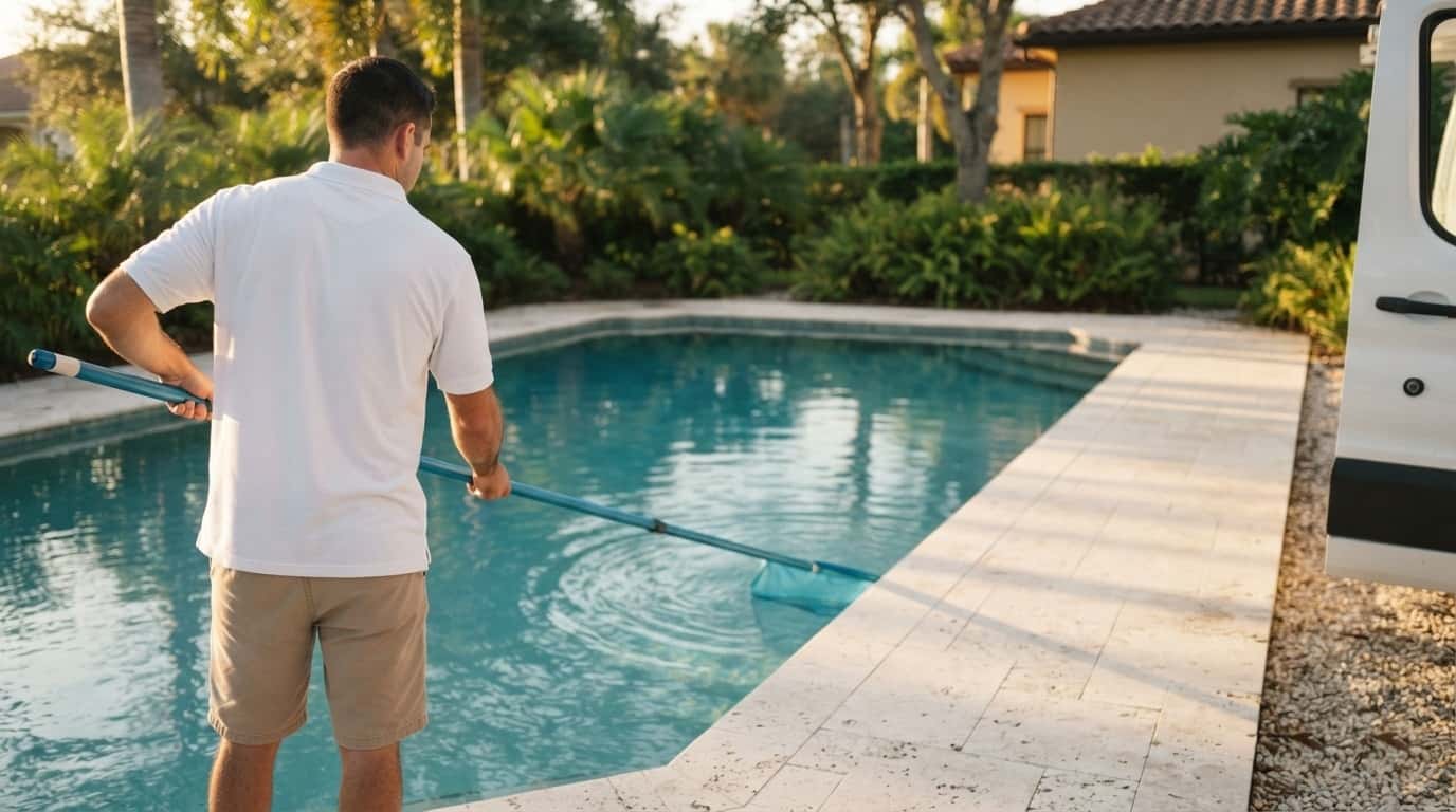 A pool technician seen from behind, skimming a clear pool in early morning light.