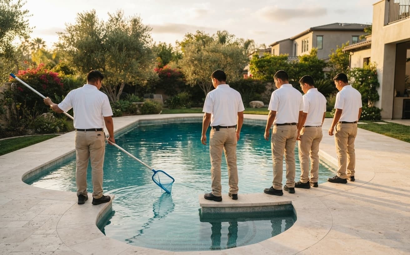 The Radiant Oasis crew standing at the edge of a finished pool in late afternoon light, one of them skimming the water.