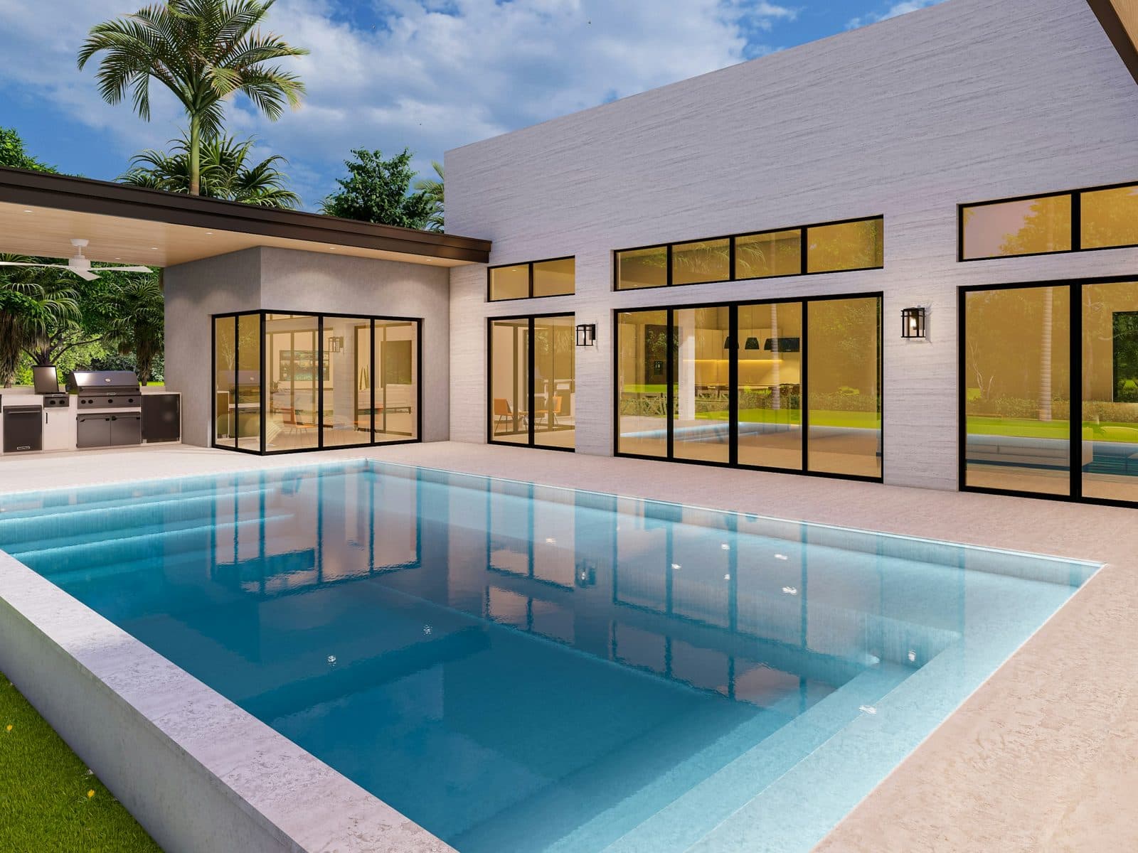 A rectangular pool with travertine coping in front of a modern single-storey house with large windows.
